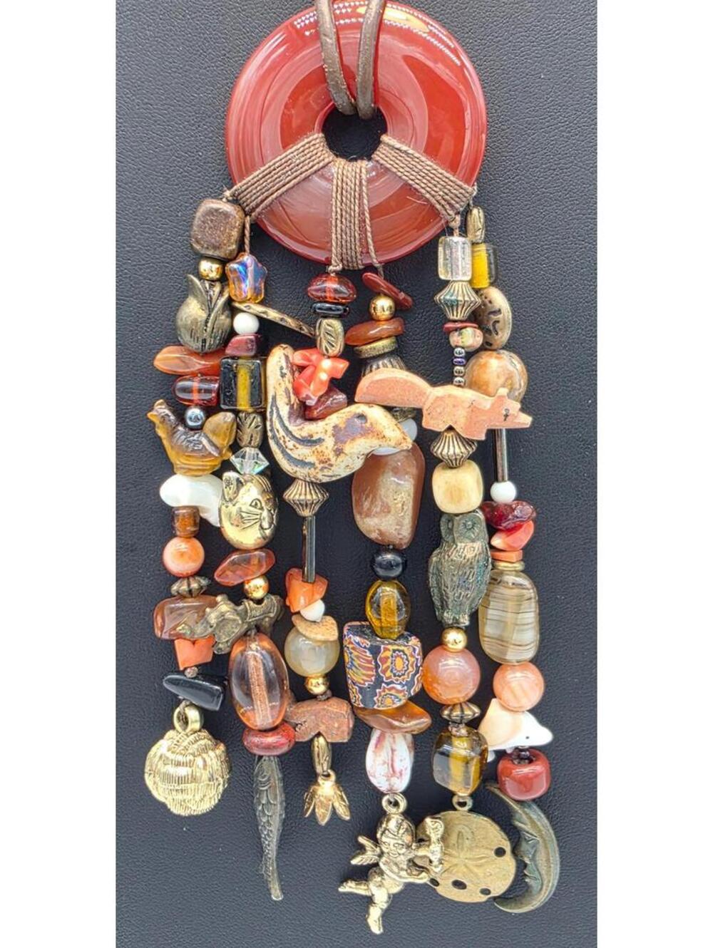Millefiori Trade Beads Gemstones Hand Carved Animal & Carnelian Pendant Necklace